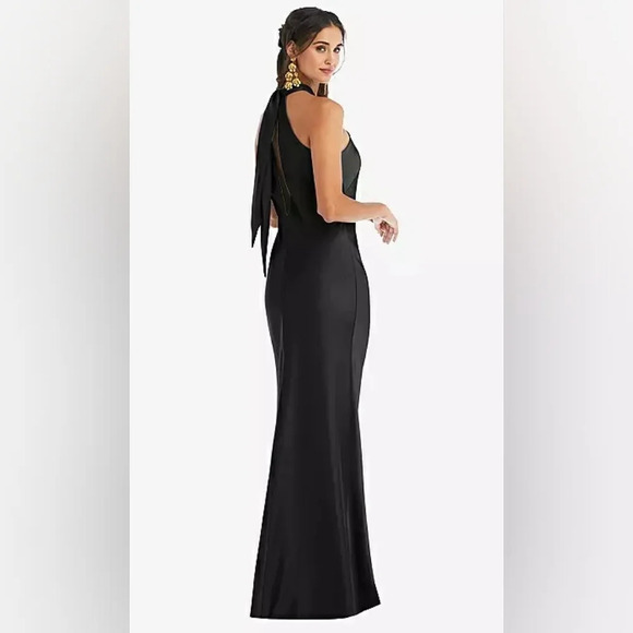 Lovely By Dessy Group-Draped Twist Halter Tie-Back Trumpet Gown in Black - Picture 2 of 4